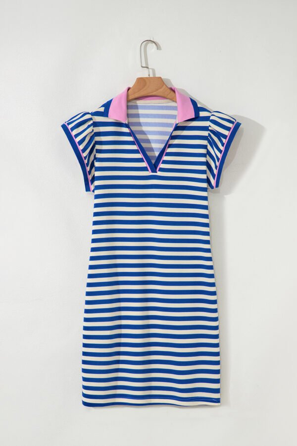 Dark Blue Stripe Print Contrast Collar Split Neck Flutter Sleeve Short Dress