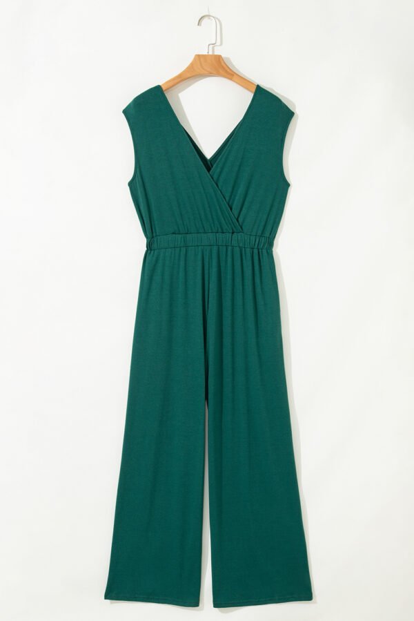 Blackish Green Deep V Pleated Crisscross Wide Leg Backless Jumpsuit