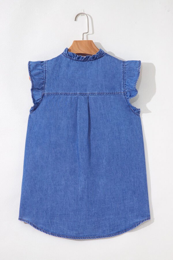 Sky Blue Mineral Wash Frilled Button Up Denim Shirt