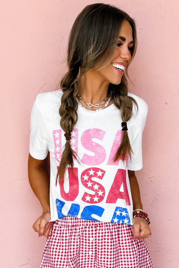 White USA Starry Letter Graphic Cotton Blend T Shirt