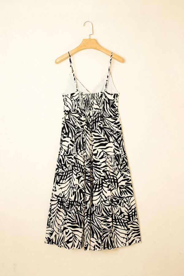 Khaki Tropical Palm Print Wrapped V Neck Spaghetti Straps Tiered Dress