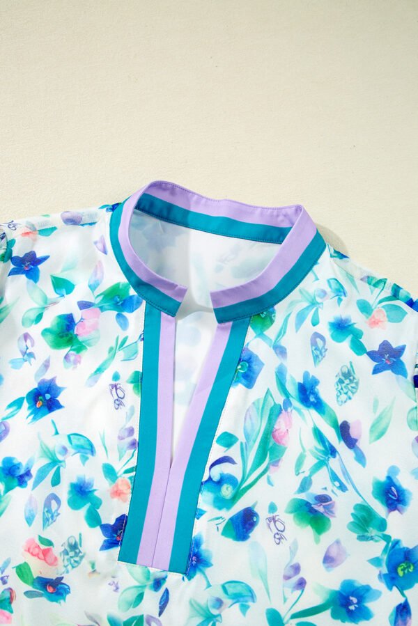 Green Floral Print Colorblock Edge Puff Sleeve Split Neck Plus Size Blouse