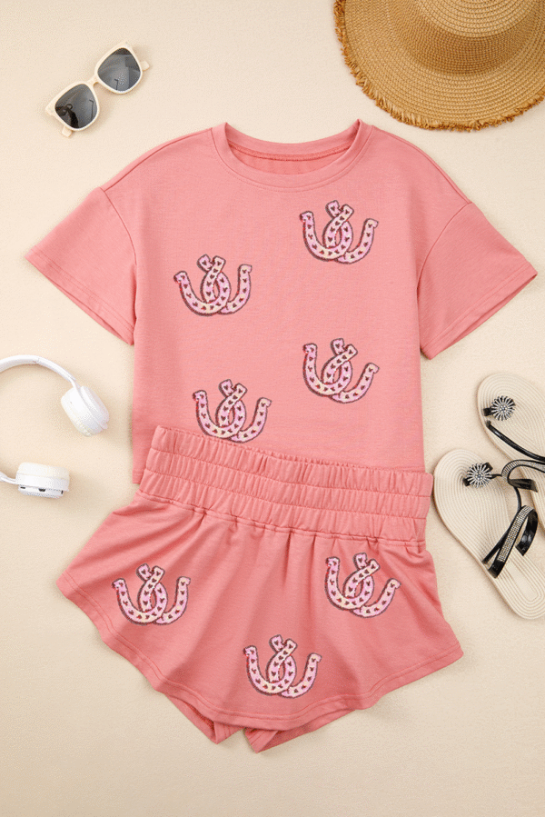 Blossom Sequin Horse Shoe Cropped Tee and High Waist Skort Set