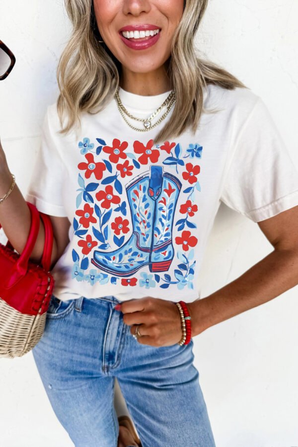 White Floral Western Boots Printed Cotton Blend T Shirt