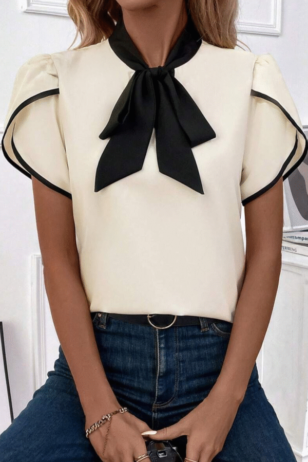 White Bow Knot Neckline Contrast Stripe Short Sleeve Blouse