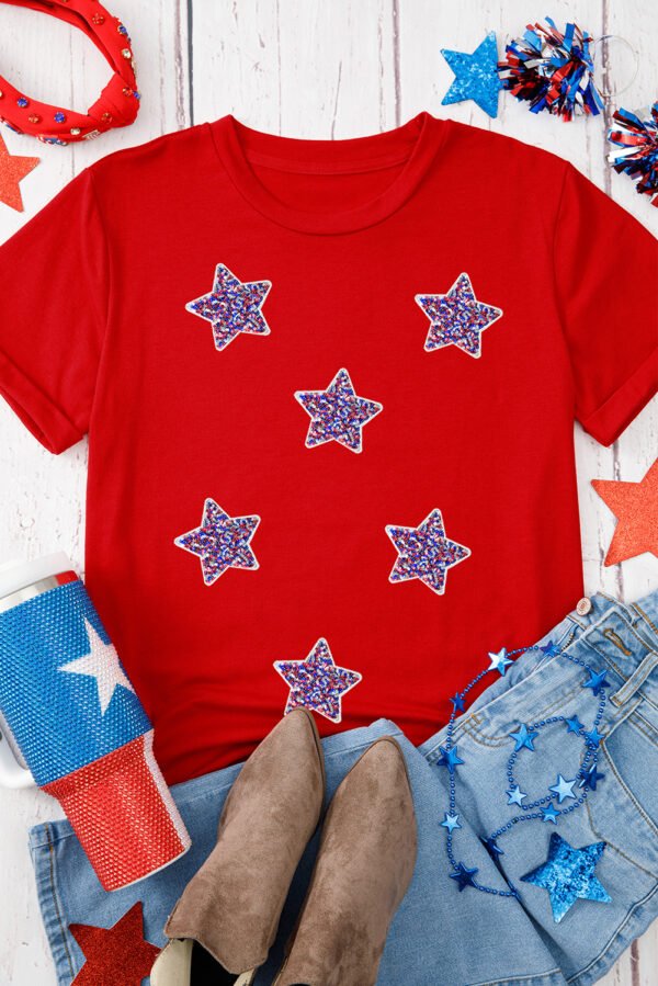 Red July 4th Fashion Sequin Star Graphic T Shirt