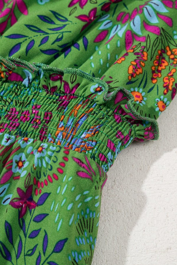 Green Floral Tie Split Neck Frilly Ruffle Trim Tiered Short Dress