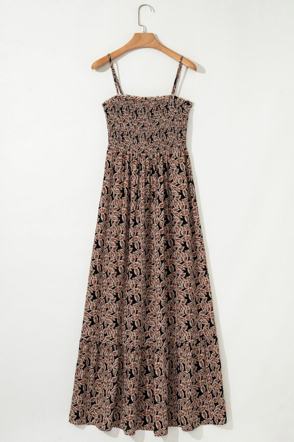 Brown Floral Smocked Bodice High Waist Flowy Sun Dress