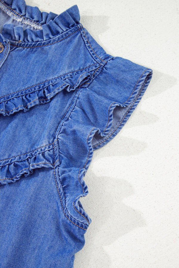Sky Blue Mineral Wash Frilled Button Up Denim Shirt