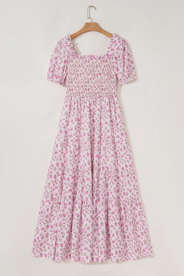 Pink Frilly Shirred Bodice Tiered Floral Maxi Dress