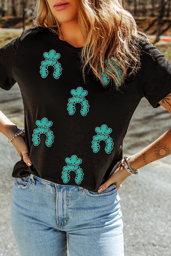 Black Western Turquoise Pattern Sequin Patched T Shirt