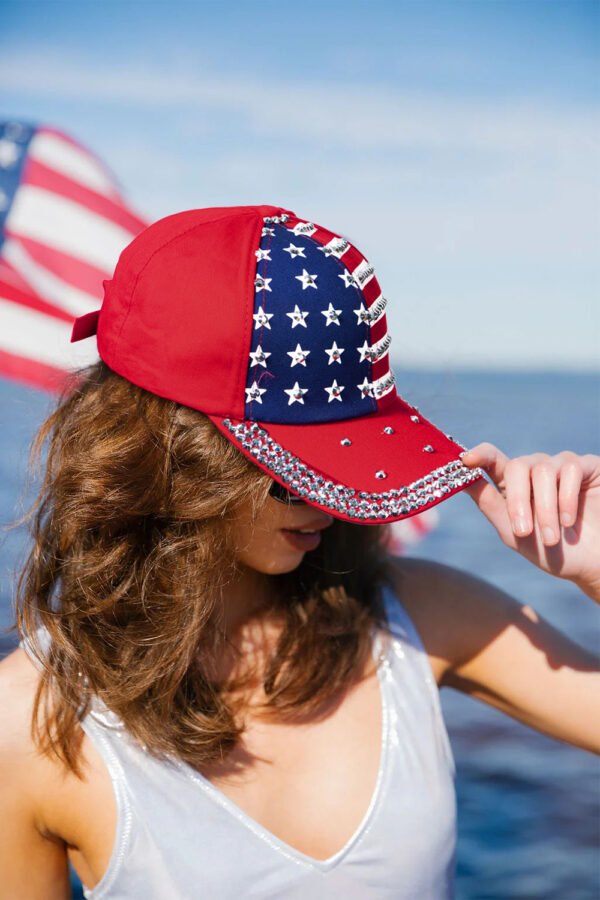 Fiery Red American Flag Rhinestone Decor Baseball Cap