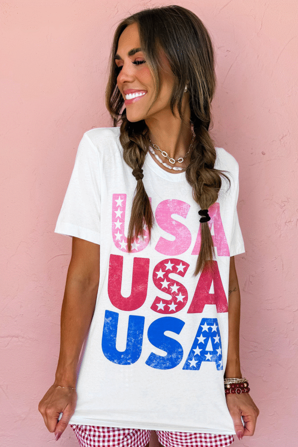 White USA Starry Letter Graphic Cotton Blend T Shirt