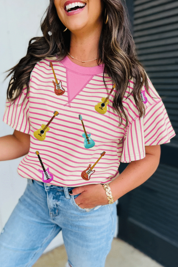 Sachet Pink Striped Guitar Patched Ruffle Short Sleeve Crossed Seam Blouse