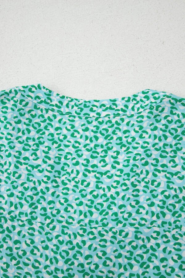 Green Notched V Neck Leopard Ruffle Short Sleeve Blouse