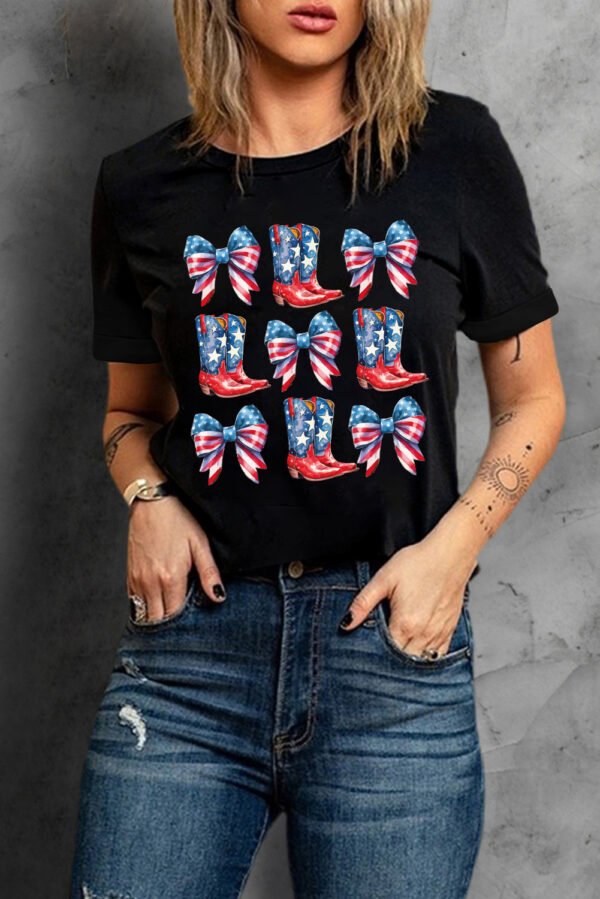 Black Stars and Stripes Bowknot Cowgirl Boots Graphic Patriotic Tee