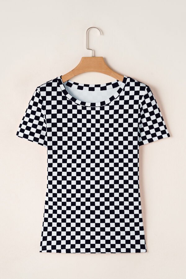 Black Checkered Ribbed Slim Fit Crew Neck T Shirt
