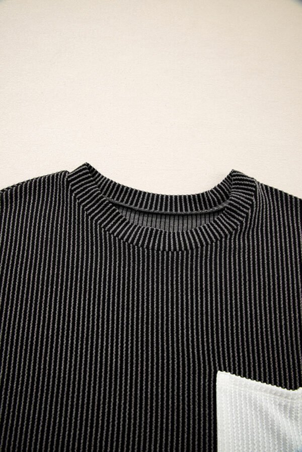 Carbon Grey Corded Knit Color Block Pocketed Crew Neck T Shirt
