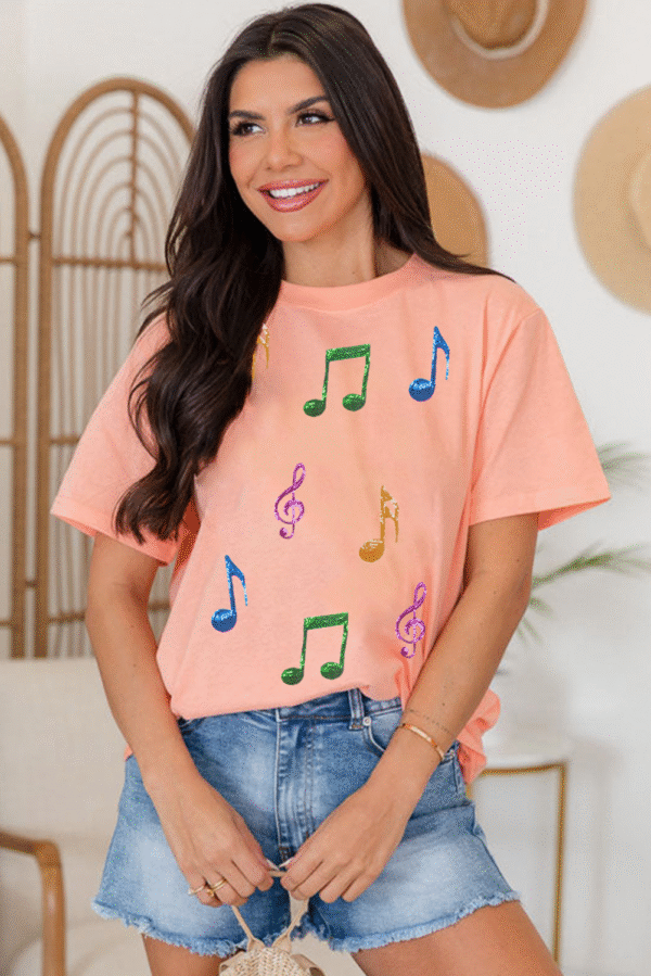 Pink Music Notes Patched Graphic Casual T Shirt