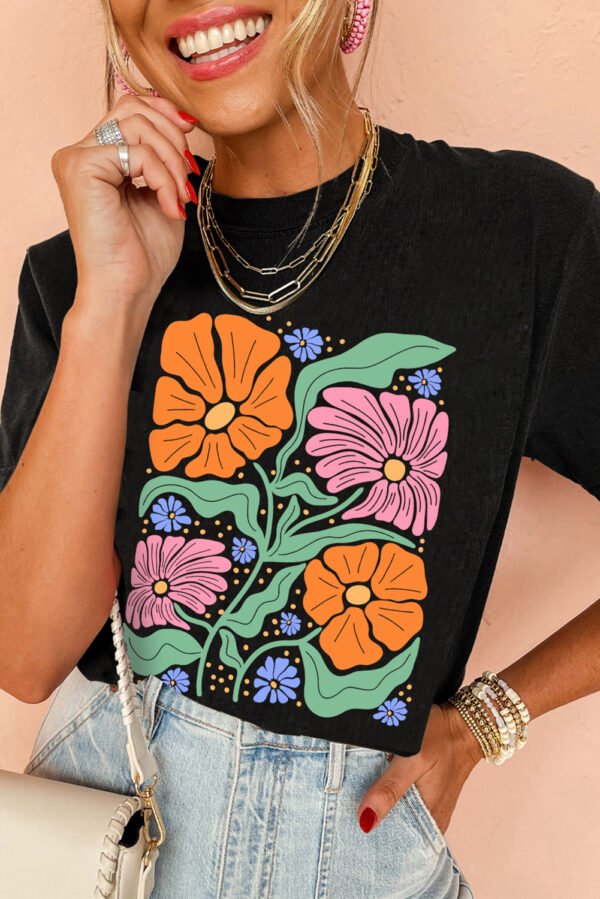 Black Colorful Flower Graphic Crewneck Summer Tee