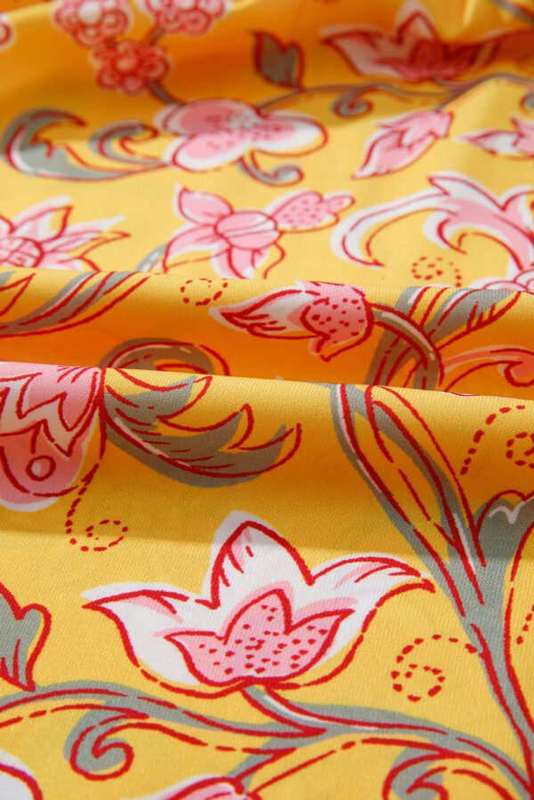 Yellow Floral Notched Neck Ruffled Sleeve Casual Blouse