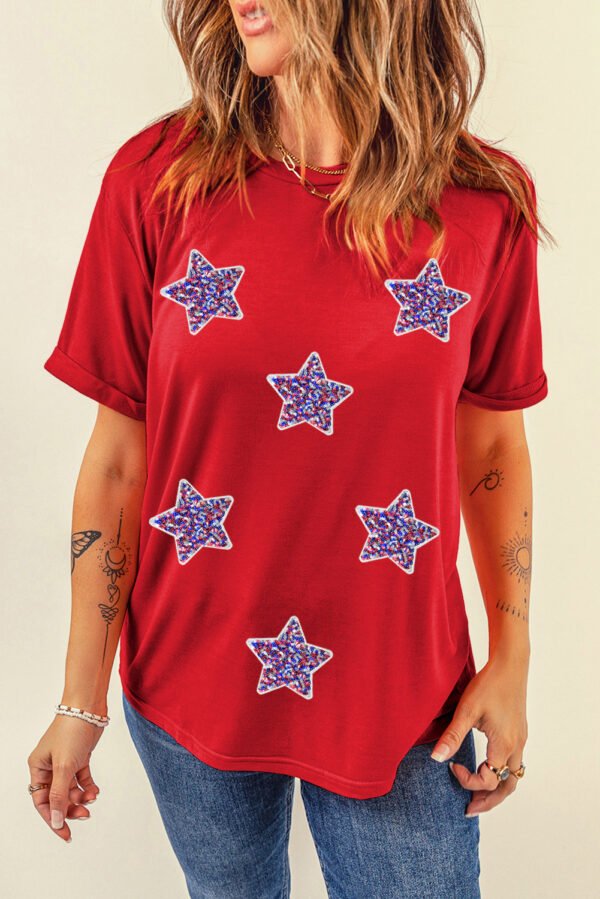 Red July 4th Fashion Sequin Star Graphic T Shirt