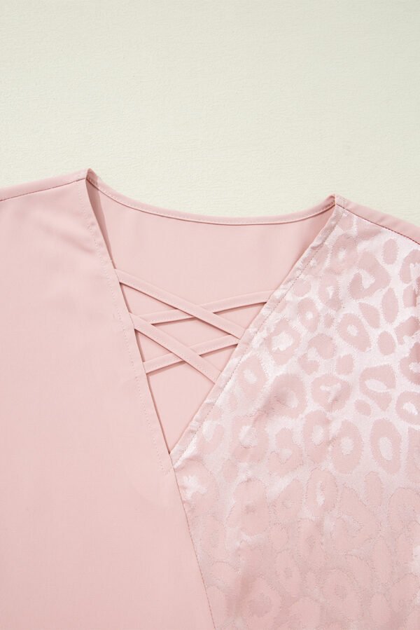 Apricot Pink Leopard Jacquard Patchwork Crisscross V Neck Short Sleeve Blouse