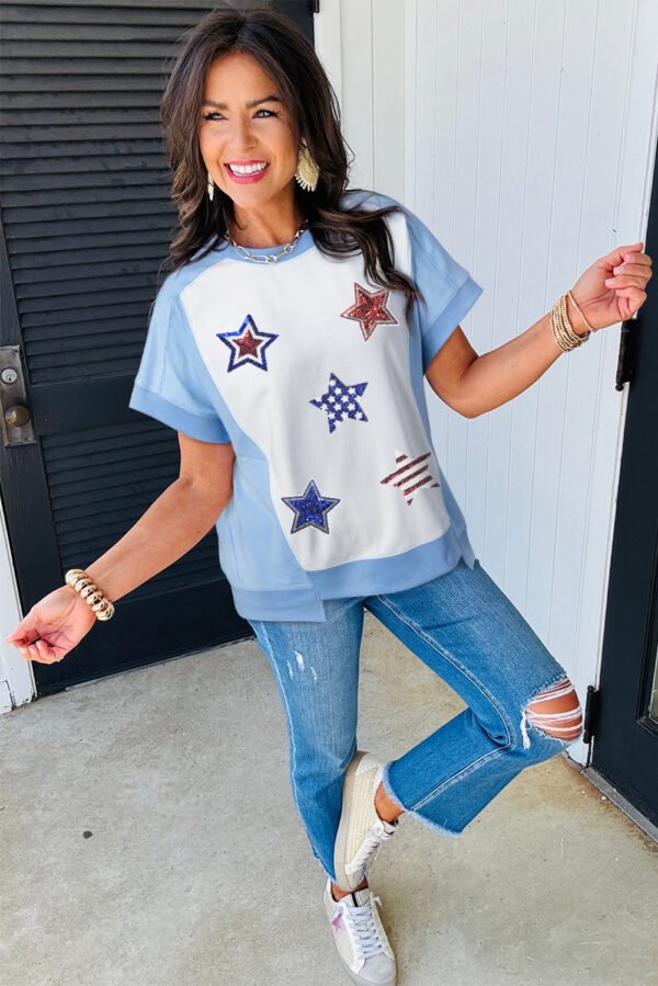 Sky Blue Patriotic Star Patched Colorblock T Shirt
