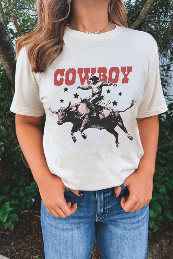 White COWBOY Star Graphic Crewneck Western Fashion Tee