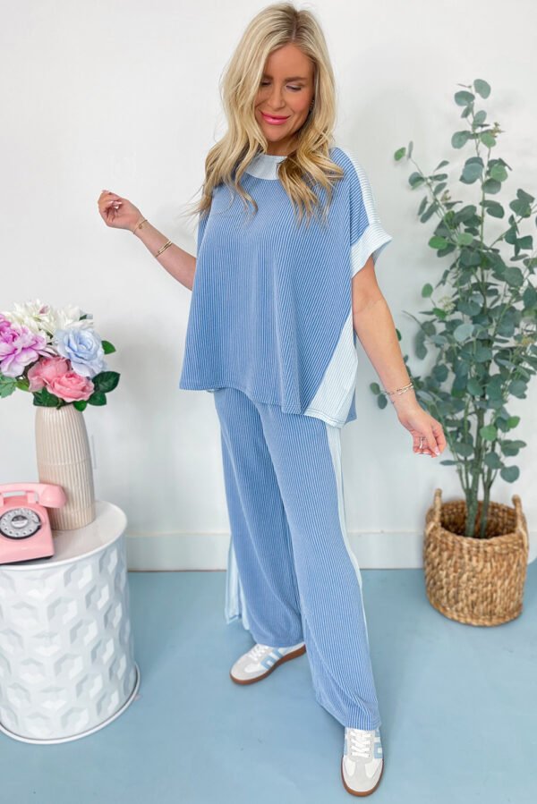 Sky Blue 2-tone Colorblock Patchwork Corded 2pcs Outfit