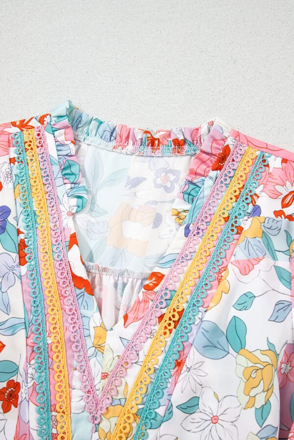 Pink Boho Flower Print Half Puff Sleeve Blouse