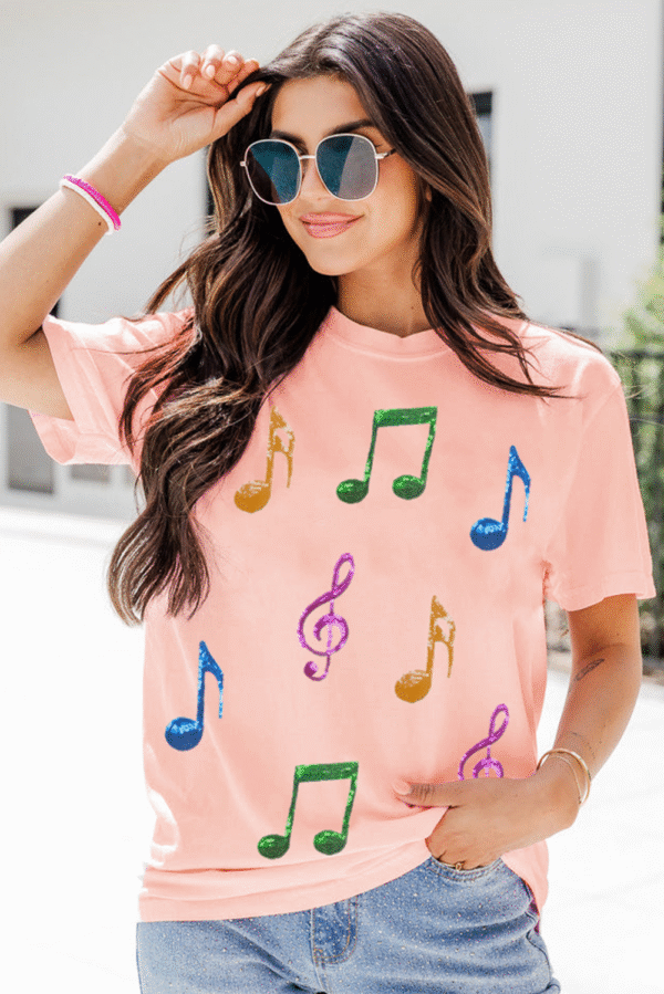 Pink Music Notes Patched Graphic Casual T Shirt