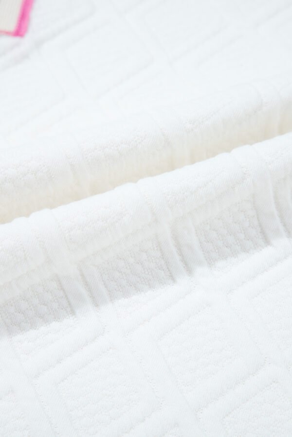 White Contrast Striped Collar Patchwork Textured Half Sleeve Blouse