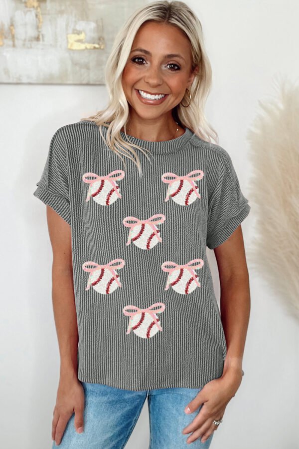 Medium Grey Twist Ribbed Sequined Bow Rugby Game Day Pattern Knit T Shirt