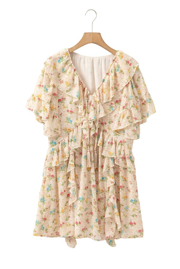 Apricot Boho Floral Tassel Tie V Neck Ruffle Wide Sleeve Mini Dress