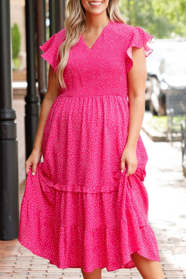 Rose Polka Dot Print Ruffled Smocked High Waist Plus Midi Dress