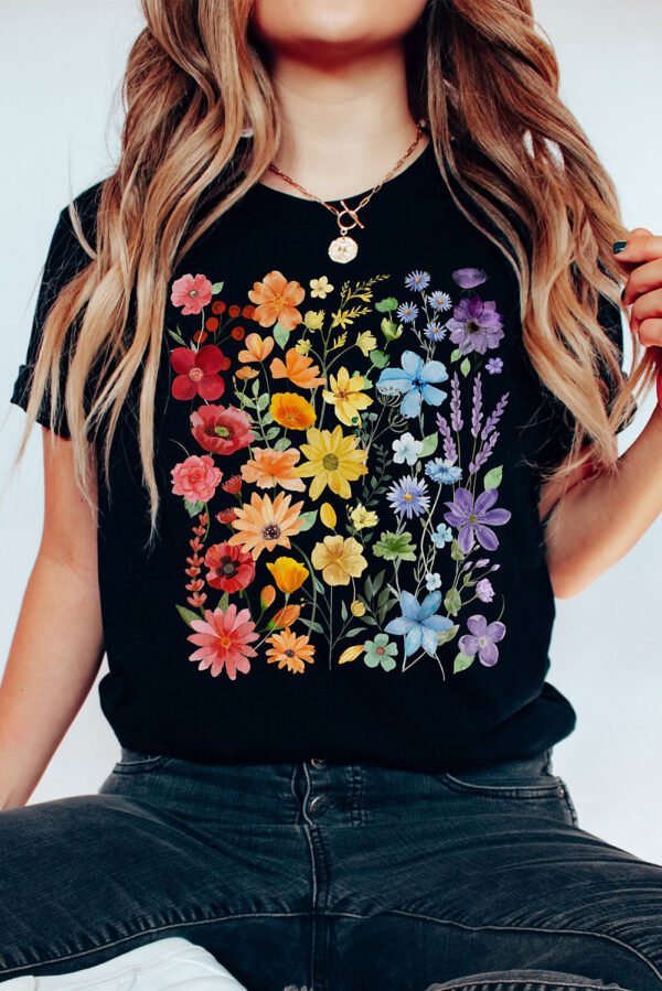 Black Beautiful Flower Print Cotton Blend Casual Tee