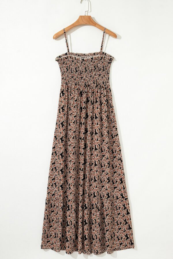Brown Floral Smocked Bodice High Waist Flowy Sun Dress