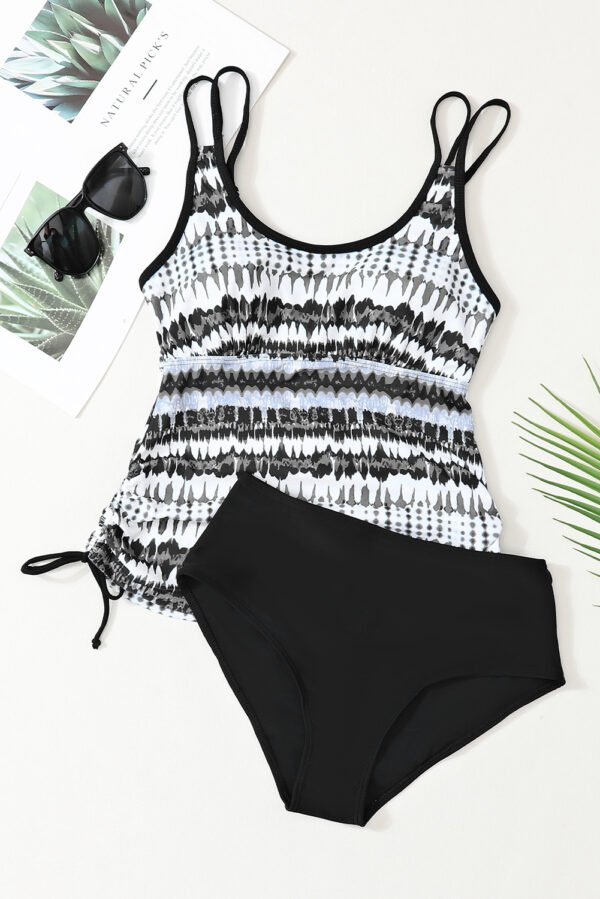 Black Printed Double Straps Printed Tankini Top with Shorts 2pcs Swimsuit
