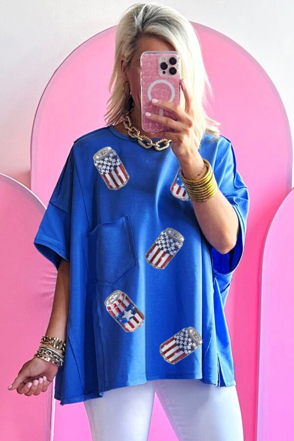 Blue Sequined American Flag Pop Can Pattern Oversized Tee