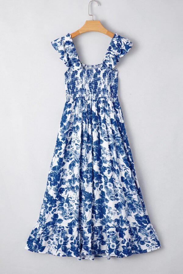 Blue Floral Ruffle Strap Square Neck Smocked Bodice Midi Dress