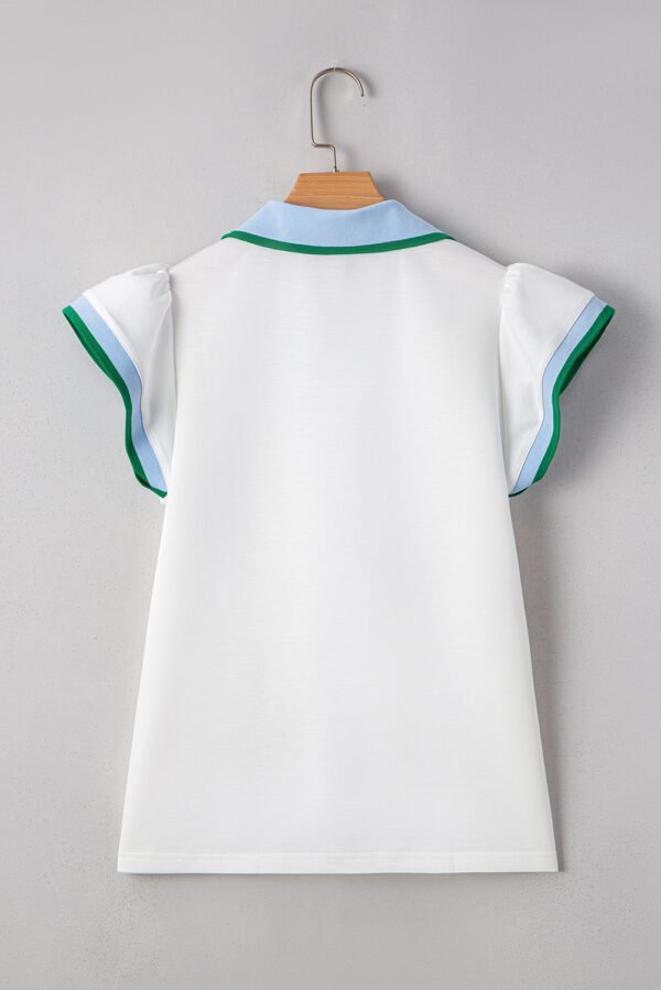 White Color Contrast Ruffled Sleeve Collared V Neck Blouse