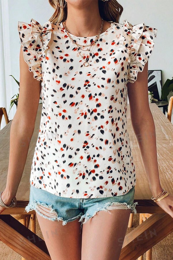 Beige Abstract Print Ruffle Flutter Sleeve Keyhole Back Slim Blouse