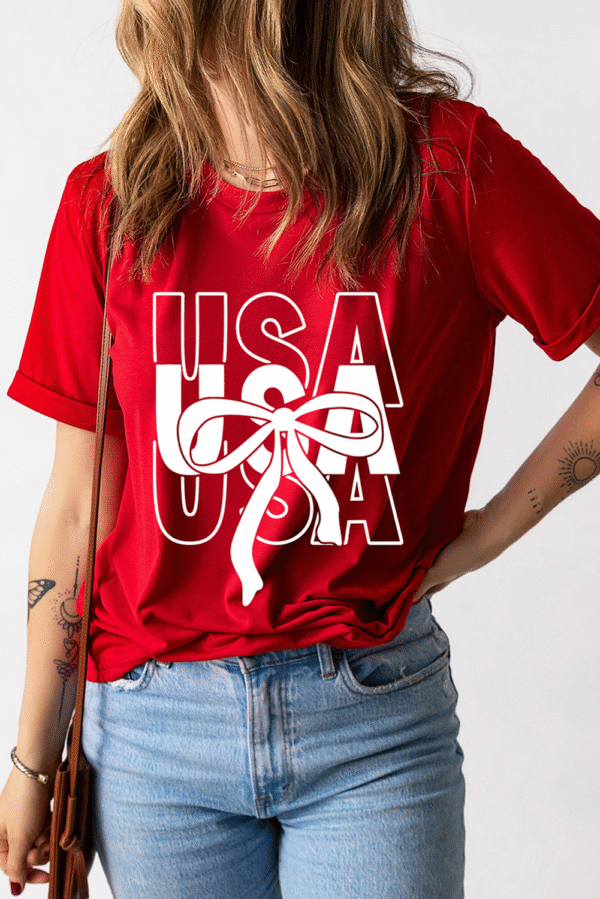 Red USA Bow Printed Casual Cotton Blend T Shirt