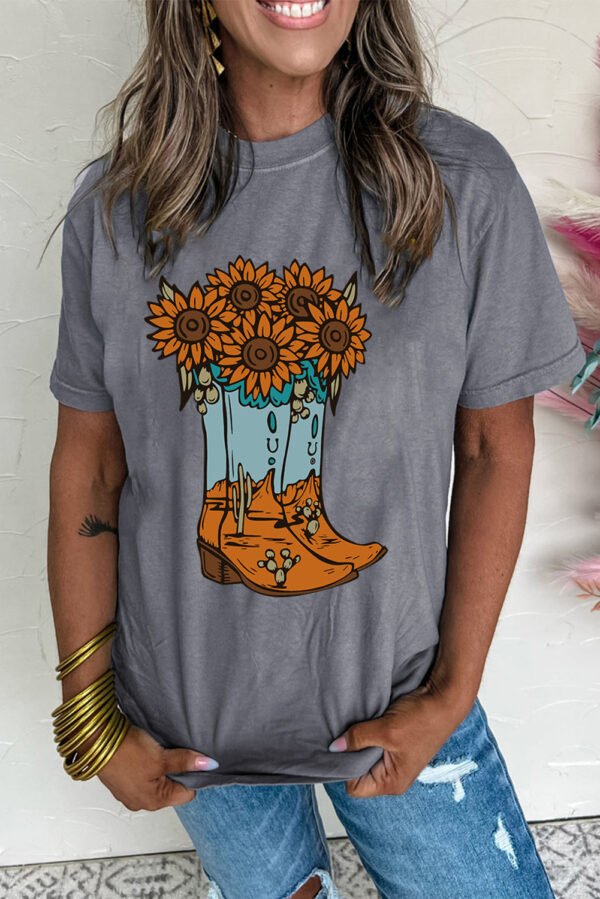 Gray Sunflower Cowgirl Boots Print Western Fashion T Shirt