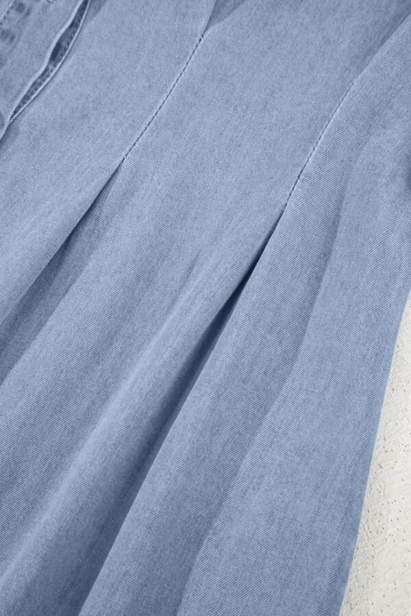 Myosotis Denim Pleated Slim Waist Short Sleeve Shirt Dress
