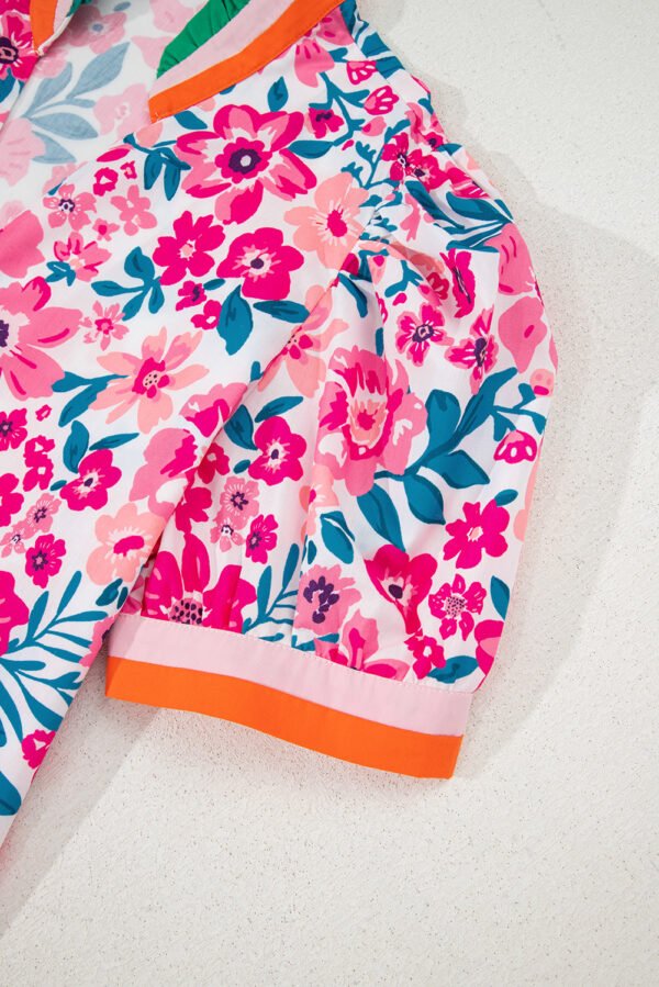 Pink Floral Print Contrast Striped Detail Short Sleeve Blouse