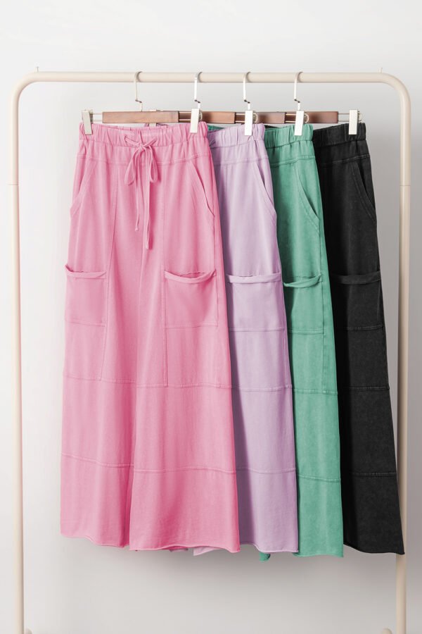 Black Mineral Wash Exposed Seam Drawstring High Waist Wide Leg Cargo Pants
