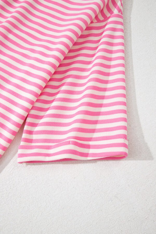 Pink Stripe Bowknot Cutout Back Drop Shoulder Wide Bracelet Sleeve Loose Tee