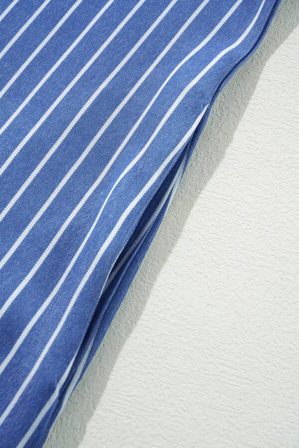 Sky Blue Stripe Frilly Split Neck Shirred Ruffle Sleeve Short Shift Dress